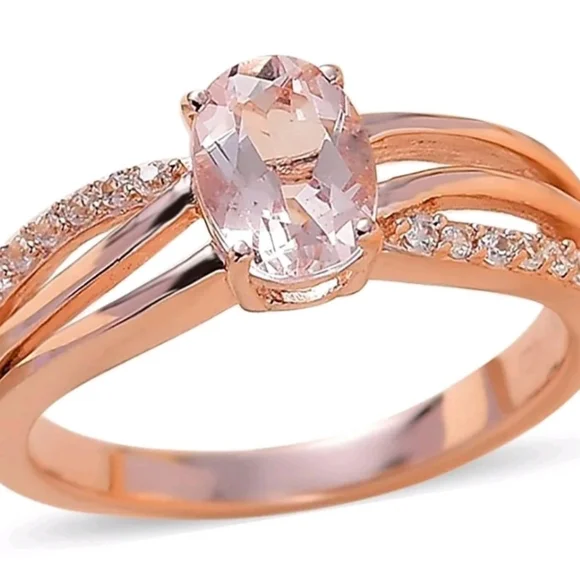 Morganite & White Zircon Ring 18k Rose Gold over 925 Size 6! - Picture 1 of 8